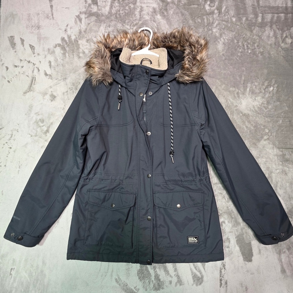 Eddie Bauer Womens Sherpa Lined Faux Fur Trim Hooded Parka Jacket Gray Size M